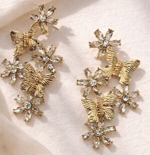 Gold Crystal Butterfly Flower Statement Earrings Maximalist Retro Garden Whimsy